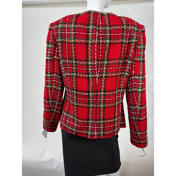 Conrad C Collection Womens Red Plaid Tweed Blazer Jacket Size 6 Silk Blend - Picture 11 of 16